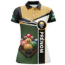 Polo billard or et vert femme avec tête de mort billardiste et billes colorées sur table verte, prénom personnalisé