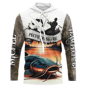 Sweat UV à capuche pêche silure team coucher de soleil orange camouflage roseau prénom texte personnalisés, vue de face