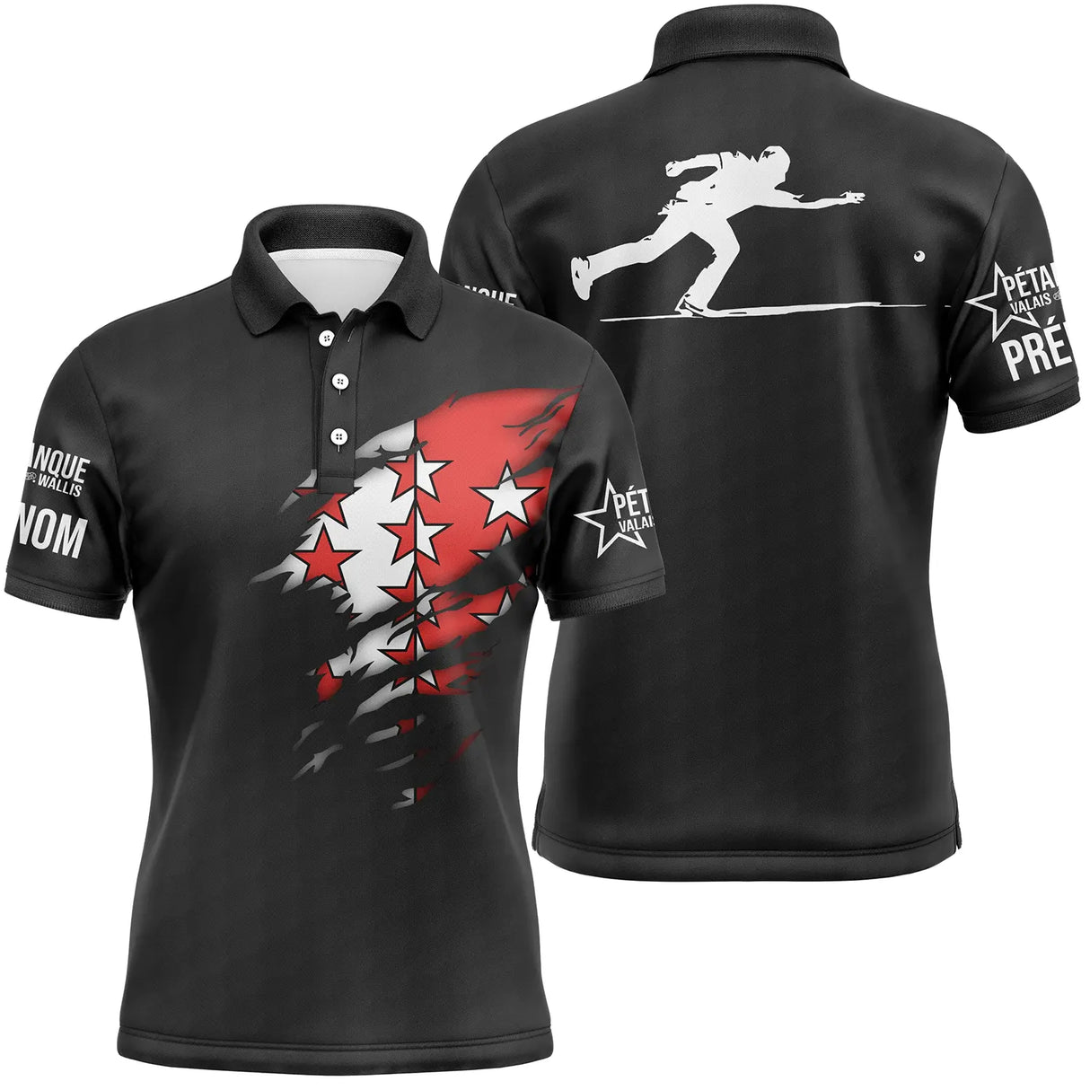 Polo Pétanque Valais Wallis, Cadeau Original Bouliste, Drapeau Du Canton Du Valais - Polo Homme Noir