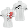 Polo pétanque blanc rouge avec drapeau Valais déchiré et silhouette de bouliste, motif balle de golf et prénom
