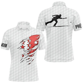 Polo pétanque blanc rouge avec drapeau Valais déchiré et silhouette de bouliste, motif balle de golf et prénom