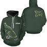 Sweat à capuche pêche carpe vert version classique avec carpe stylisée et prénom calligraphié