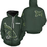 Sweat à capuche zippé pêche carpe vert design carpe stylisée et logo manche pour pêcheur