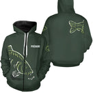 Sweat à capuche zippé pêche carpe vert design carpe stylisée et logo manche pour pêcheur