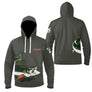 Sweat à capuche pêche brochet personnalisé kaki avec poisson stylisé leurre orange et prénom
