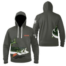 Sweat à capuche pêche brochet personnalisé kaki avec poisson stylisé leurre orange et prénom