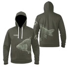 Sweat à capuche pêche carpe personnalisé kaki avec carpe stylisée et logo carpe sur la manche