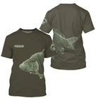 T-shirt pêche carpe kaki avec silhouette de carpe en plongée et prénom de pêcheur poitrine
