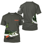 T-shirt pêche brochet personnalisé kaki avec poisson stylisé et leurre orange prénom au torse