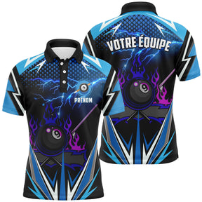 Polo billard bleu noir homme avec éclairs lightning et boule 9 enflammée violet, prénom et équipe personnalisés
