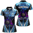 Polo billard bleu noir femme avec motif éclairs et boule de la 9 en flammes bleues, prénom personnalisé