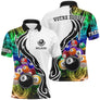 Polo billard blanc noir homme avec triangle de boules multicolores jeu de la 9 et fumée colorée, prénom personnalisé