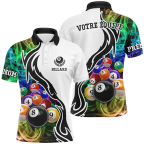 Polo billard blanc noir homme avec triangle de boules multicolores jeu de la 9 et fumée colorée, prénom personnalisé