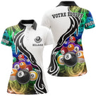 Polo billard blanc noir femme avec billes jeu de la 9 sur table verte et fumée multicolore, prénom personnalisé