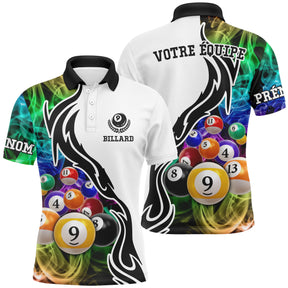 Polo billard blanc noir homme avec triangle de boules multicolores jeu de la 8 et fumée colorée, prénom personnalisé