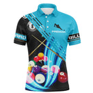 Polo billard bleu turquoise homme avec queues de billard, triangle de boules colorées et BILLARD, prénom personnalisé