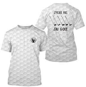 T-shirt golf blanc avec design J'Peux Pas J'ai Golf et cinq clubs balles au dos texture balle