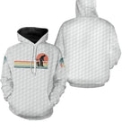 Sweat à capuche golf vintage blanc avec design golfeur silhouette soleil orange et médaillon brodé