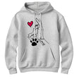 Sweat à capuche complicité homme chien gris chiné avec dessin patte main jointes prénoms