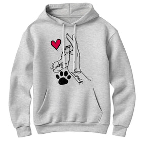 Sweat à capuche complicité homme chien gris chiné avec dessin patte main jointes prénoms