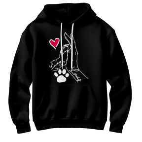 Sweat à capuche complicité homme chien noir avec design main et patte coeur rouge personnalisable