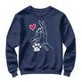 Sweat-shirt complicité homme chien bleu marine avec design patte main coeur et prénoms personnalisés