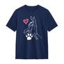 T-shirt complicité homme chien bleu marine avec dessin patte main coeur et personnalisation prénoms