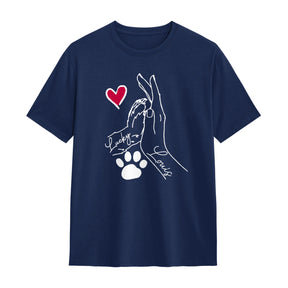 T-shirt complicité homme chien bleu marine avec dessin patte main coeur et personnalisation prénoms