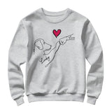 Sweat-shirt chien cœur minimaliste gris chiné avec design tête chien main et prénoms Lucky Louis