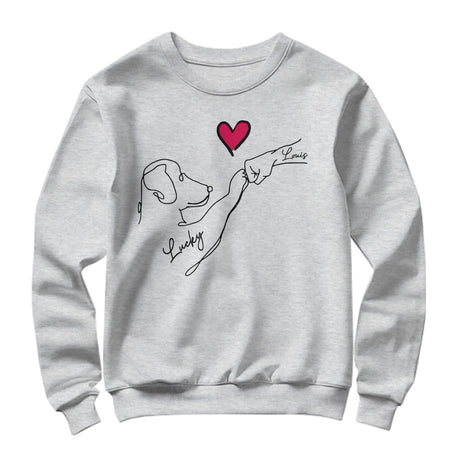Sweat-shirt chien cœur minimaliste gris chiné avec design tête chien main et prénoms Lucky Louis