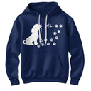 Sweat à capuche chien silhouette bleu marine avec dessin chien assis et empreintes blanches