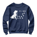Sweat-shirt chien silhouette bleu marine avec dessin chien assis et traînée empreintes personnalisable