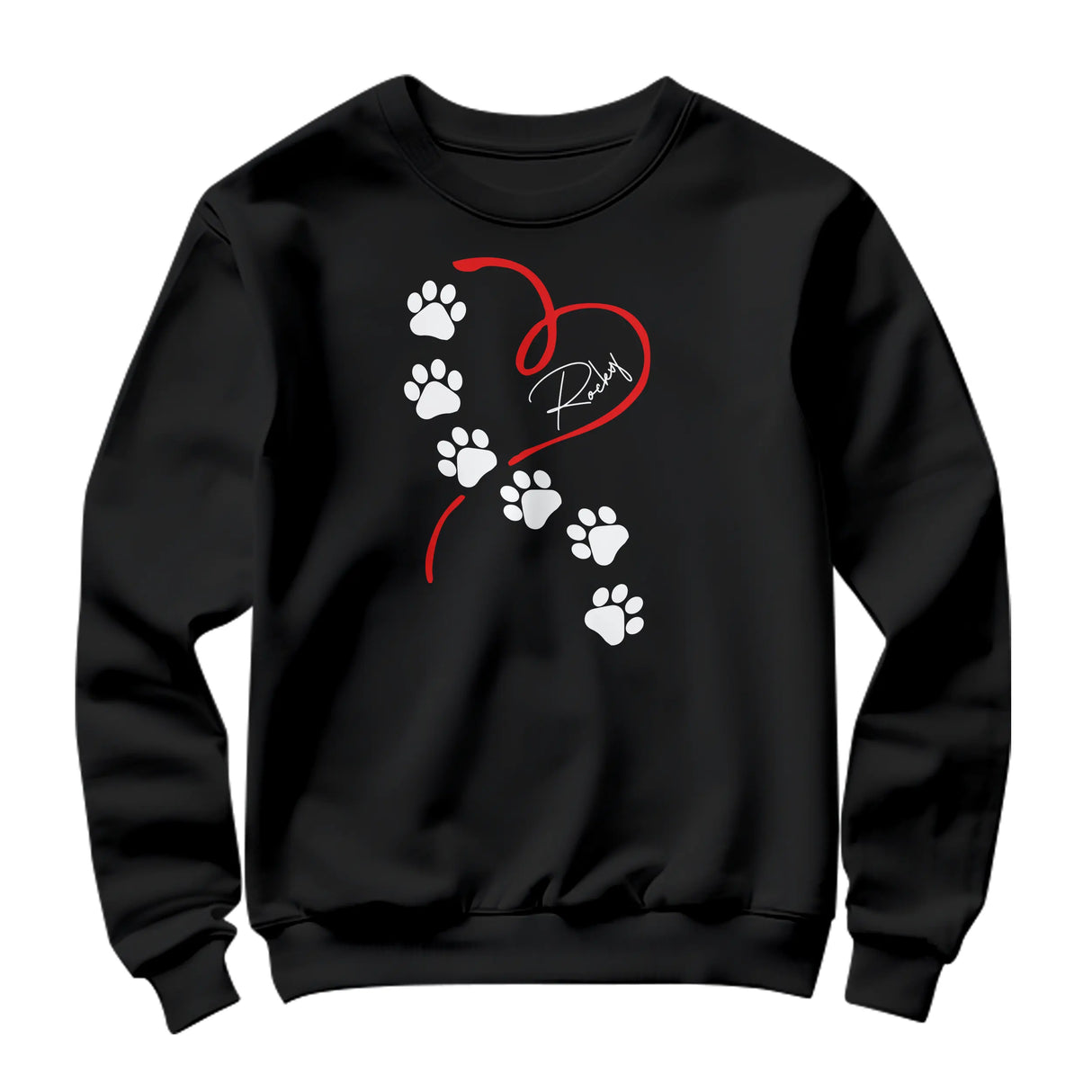 Sweat-shirt chien empreintes noir avec design pattes montant vers cœur et personnalisation prénom