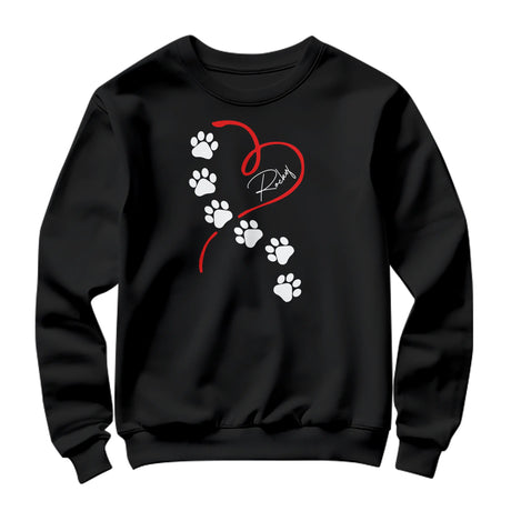 Sweat-shirt chien empreintes noir avec design pattes montant vers cœur et personnalisation prénom
