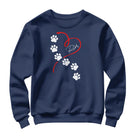 Sweat-shirt chien empreintes bleu marine avec design pattes blanches et cœur rouge stylisé