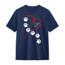 T-shirt chien empreintes bleu marine avec design pattes blanches montant vers cœur et prénom