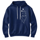 Sweat à capuche chat minimaliste bleu marine avec silhouette féline ligne continue et prénom Mimi