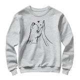 Sweat-shirt chat humain gris chiné avec dessin patte main complicité et prénoms manuscrits