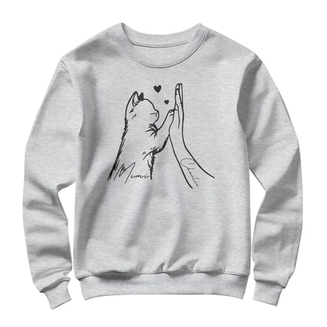 Sweat-shirt chat humain gris chiné avec dessin patte main complicité et prénoms manuscrits