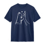 T-shirt chat humain bleu marine avec design patte chat main jointe cœurs et prénoms Mimi Charlie