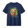 T-shirt portrait animal bleu marine avec photo chien personnalisée splash multicolore peinture