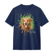 T-shirt portrait animal bleu marine avec photo chien personnalisée splash multicolore peinture