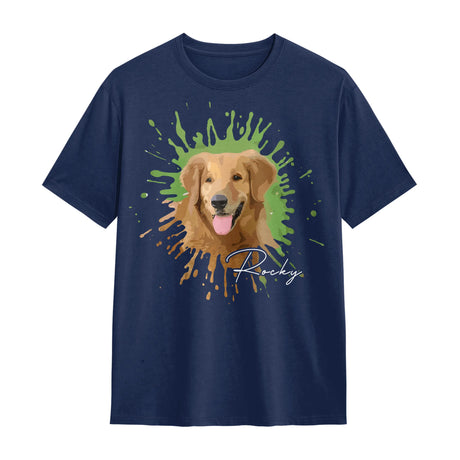 T-shirt portrait animal bleu marine avec photo chien personnalisée splash multicolore peinture
