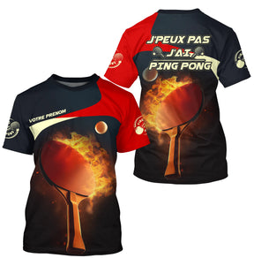 Polo ping pong personnalisé homme noir et rouge avec raquette en feu et logo circulaire pongiste