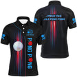 Polo tennis de table personnalisé homme noir avec rayons verticaux rouges et bleus, balle blanche centrale