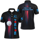 Polo tennis de table personnalisé homme noir avec rayons verticaux rouges et bleus, balle blanche centrale