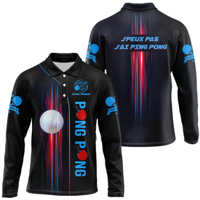 T-shirt tennis de table manches longues unisexe noir avec rayons rouges bleus et logo pongiste