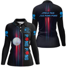 T-shirt tennis de table femme col rond noir avec rayons dynamiques et balle blanche centrale