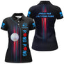 Polo tennis de table personnalisé femme noir en coupe ajustée avec rayons rouges et bleus dynamiques
