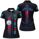 Polo tennis de table personnalisé femme noir en coupe ajustée avec rayons rouges et bleus dynamiques